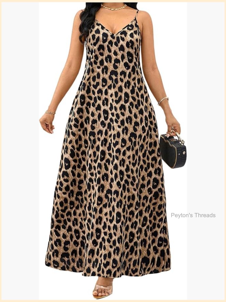 Women's Leopard Print Sleeveless V-Neck Maxi Dress With Pockets